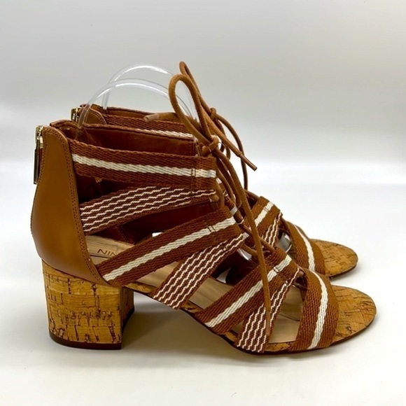 Nine West - Ghobio Nautical Style Brown & White Lace Up Block Cork Heels SZ 7.5 - Picture 2 of 14